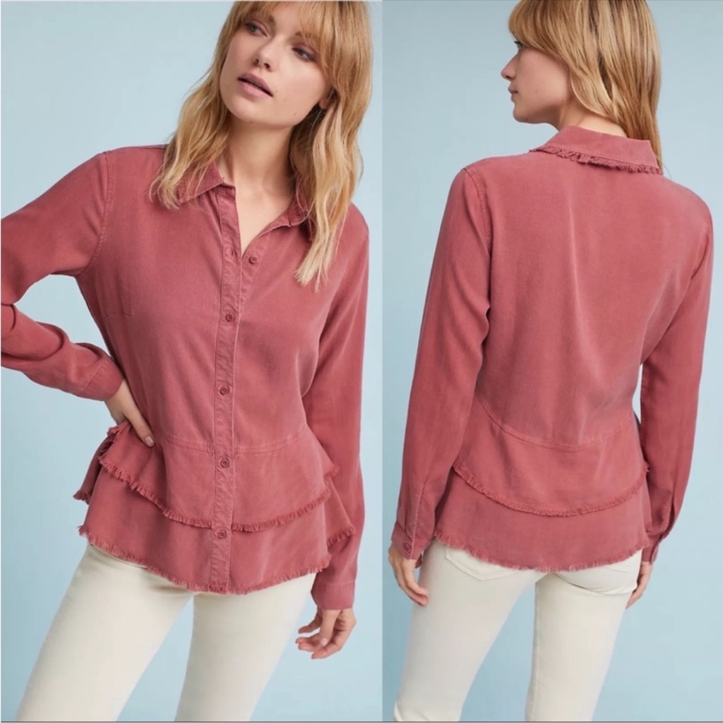 Anthropologie Cloth & Stone Red Tiered Distressed Button Down Top Size Xs